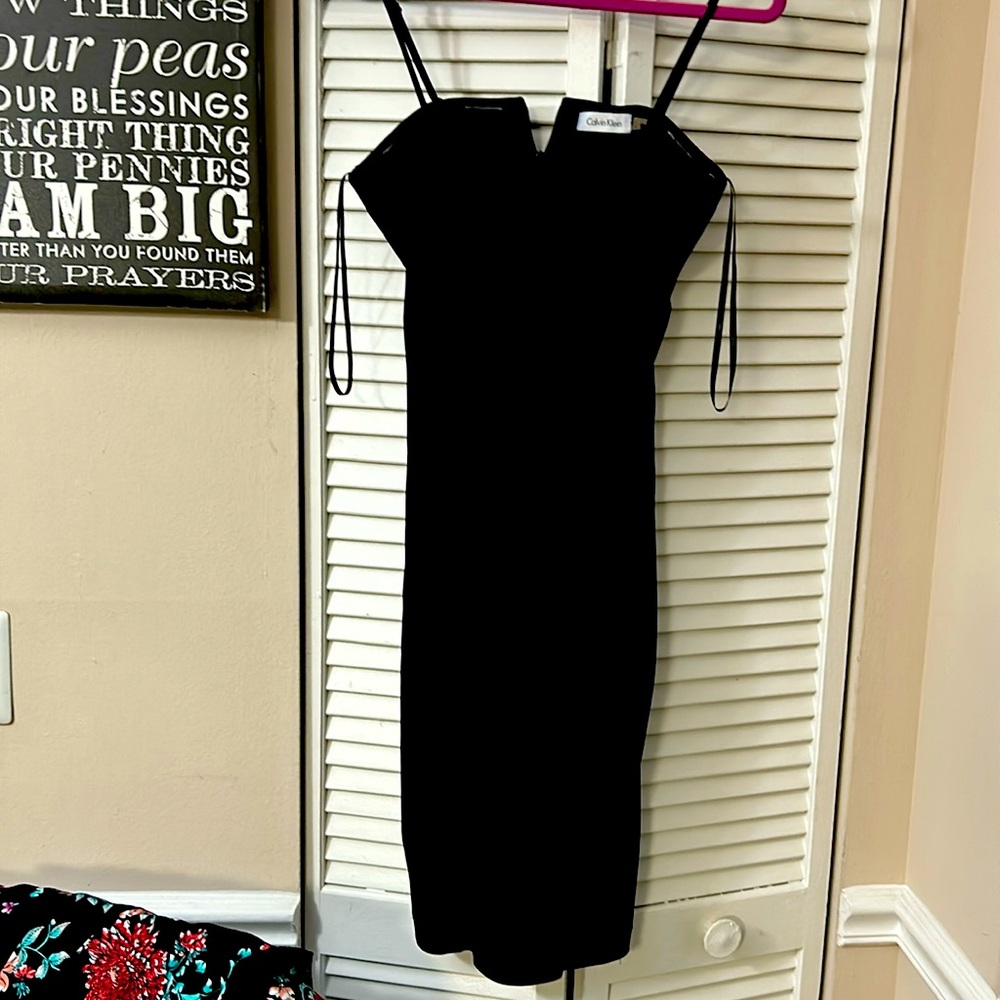 Calvin Klein Satin strap midi dress with chiffon ruching stretch.